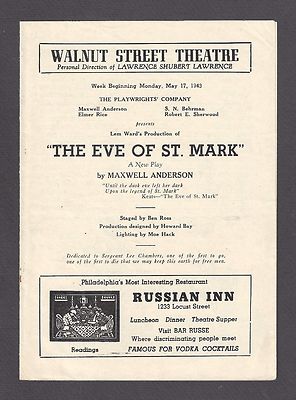 Maxwell Anderson ''THE EVE OF ST. MARK'' John Call 1943 Philadelphia Playbill