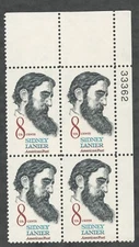 US. 1446. Sidney Lanier (1842-81) Poet, Musician & Critic. Plate Block of 4 1972