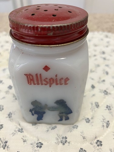 Vtg Atlas Milk Glass Set 6 Dove Dutch Spice Jars Red Metal Rack Kitchen Cottage - Picture 2 of 23