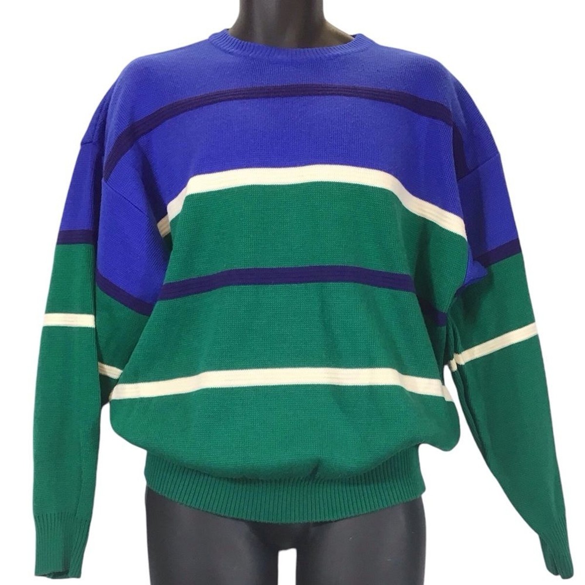90s Vintage Mens Crewneck Sweater Size L Pullover Striped Grandpa