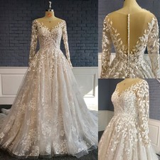 A Line Long Sleeves Wedding Dresses Lace Appliques Sweep Train Bridal Gowns