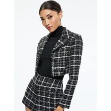 ALICE OLIVIA Yardley Cropped Tweed Fray-Hem Jacket Black White Medium Chic NEW