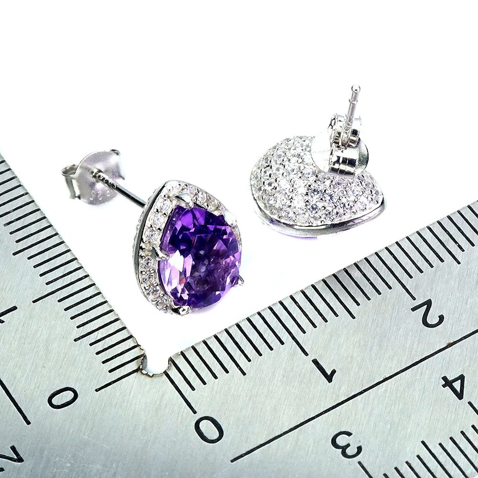 Pendientes de plata de ley 925 pera amatista 9x7 mm joyas de piedras preciosas naturales Foto 3 de 4
