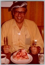Vtg Color Snapshot Smiling Man In Hat Eating Large Meat Dinner Restaurant 1978