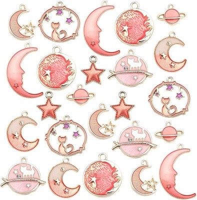 24 Pcs Assorted Gold Plated Enamel Cat Moon Star Celestial Charm Pendant DIY for