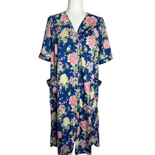 Anthony Richards Blue Floral Housecoat Pockets Medium Short Sleeve Lightweight
