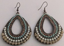 Vintage Bohemian Style Large Teardrop Beaded Earrings 2.5"x1.5"
