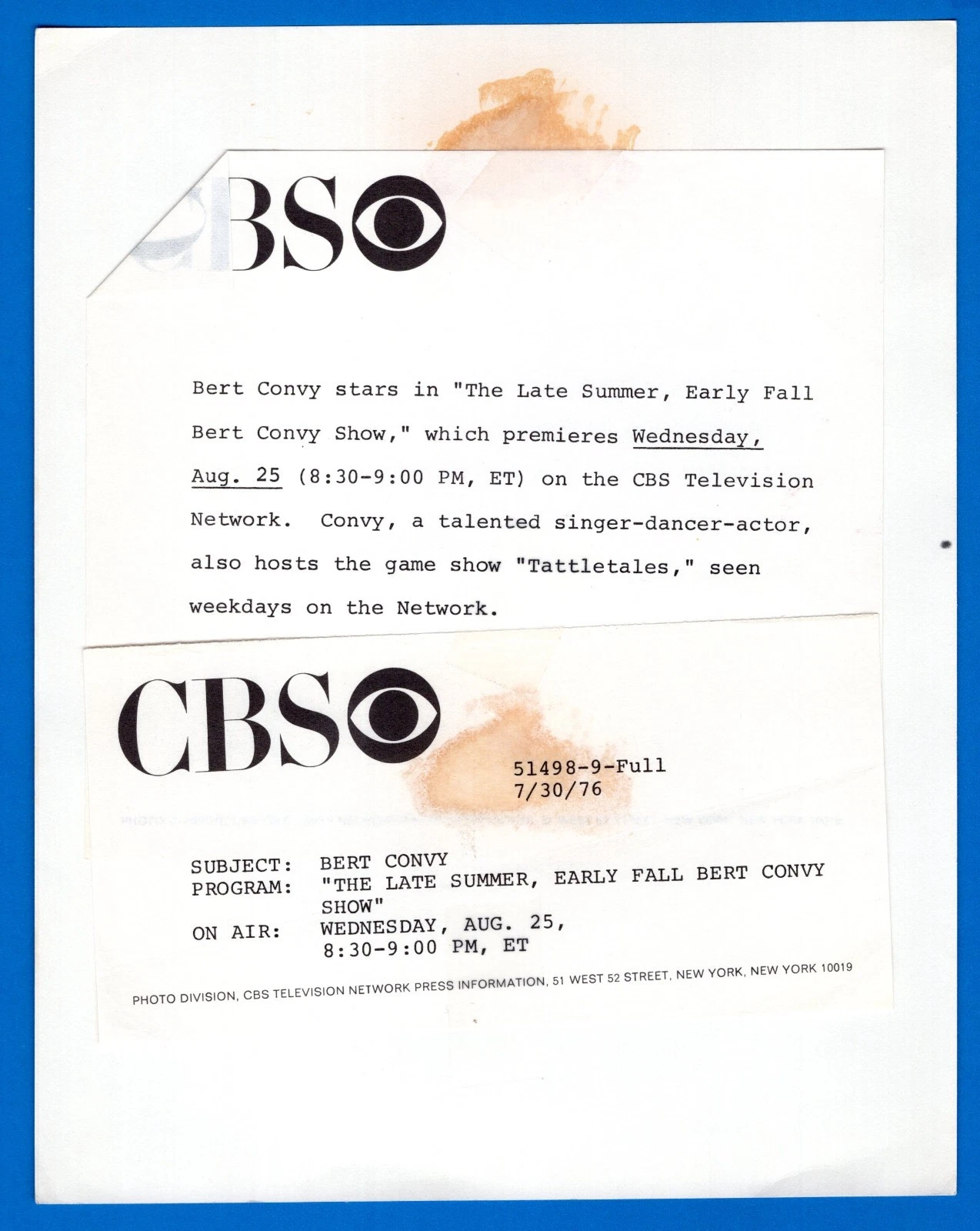 Bert Convy Actor Singer Dancer オリジナル 7x9 ヴィンテージ プレス 写真 1976 CBS - 画像2/2