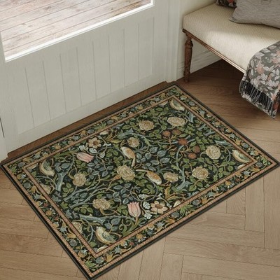 2x3 Entryway Floral Rug Black Washable Small Area Rug Non-Slip Stain Resistan...