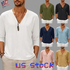 Mens Casual Long Sleeve Solid V Neck Shirts Tee Summer Blouse Loose Tops M-3XL
