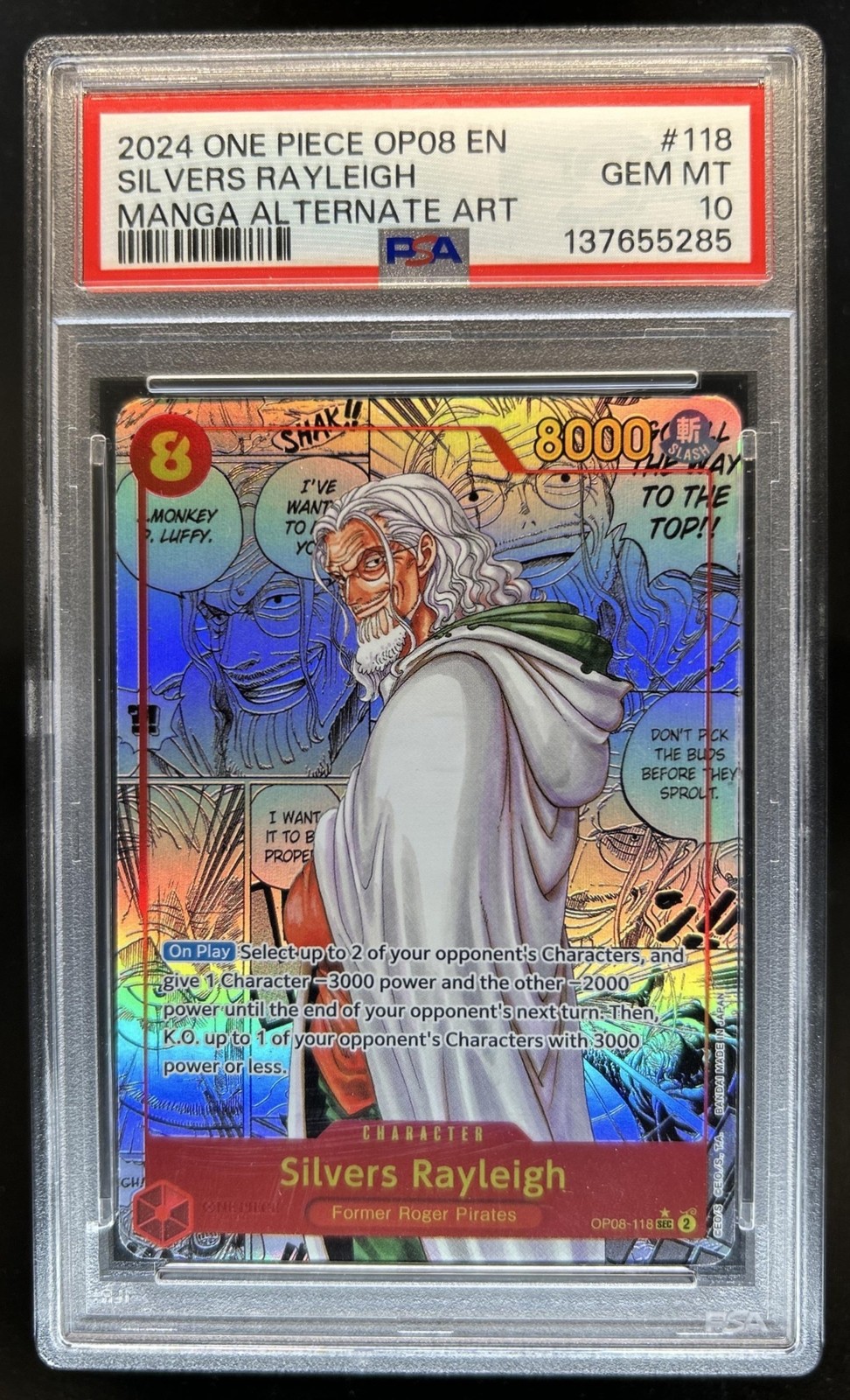2024 One Piece Silvers Rayleigh Secret Rare Manga Alt Art #OP08-118 PSA 10