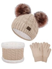 Kids Winter Beanie Hat Scarf Gloves Set for Girls Boys Large, Beige