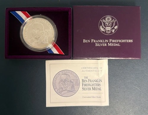 .999 Fine Silver 1 Oz Round Uncirculated Ben Franklin Firefighters Medal Box/Coa