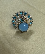Vtg Unmarked CORO Blue Red Rhinestone  Faux Pearl Jelly Belly Peacock Brooch Pin