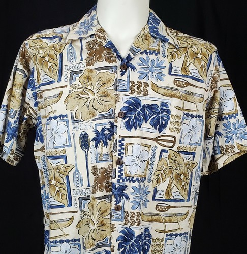 Chemise Hawaïenne Homme Go Barefoot, Taille L, Bleue à Motifs Floraux, 100% Coton - Occasion En Très Bon état, Style Décontracté