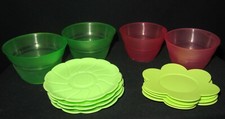 Set of Pretend Play Plastic Dishes Plates Cups Saucers Green and Pink