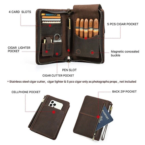 Genuine Leather Cigar Case Holder Travel Humidor Lighter Cutter Set Pocket Box - Picture 6 of 16