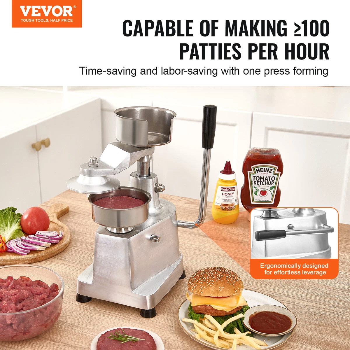 Máquina de prensa manual de acero inoxidable VEVOR para hamburguesas comerciales 100 mm