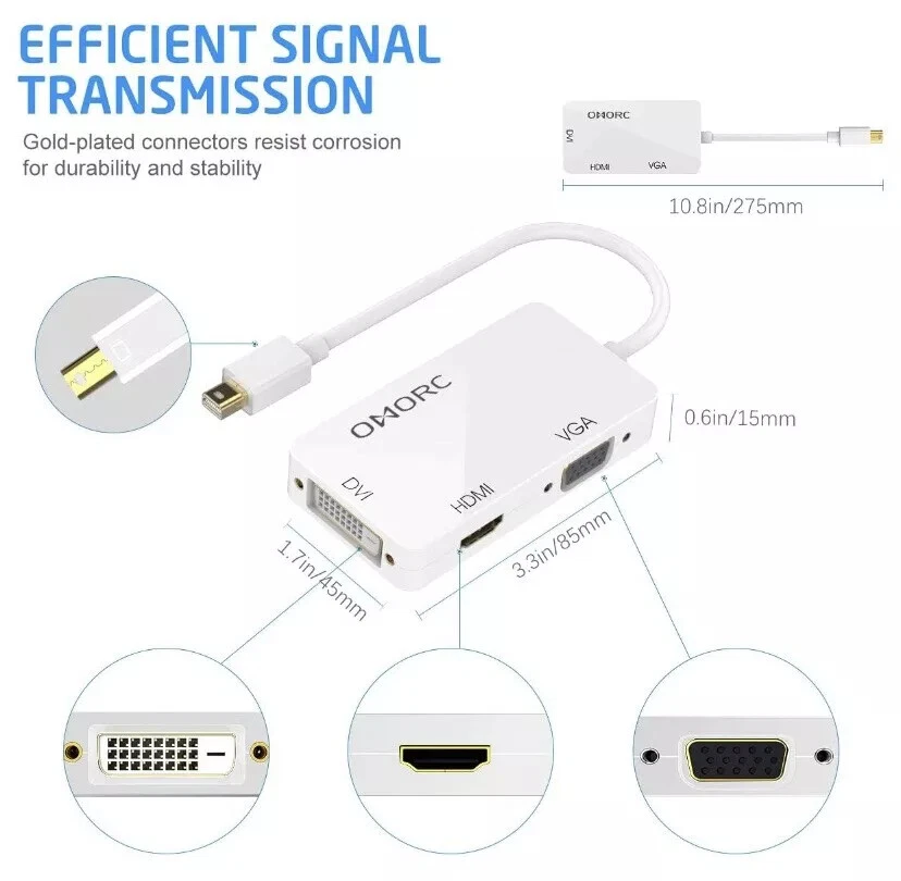 OMORC 3-in-1 Mini DisplayPort (Thunderbolt) to DVI VGA HDMI TV Adapter Cable - Image 4 of 4