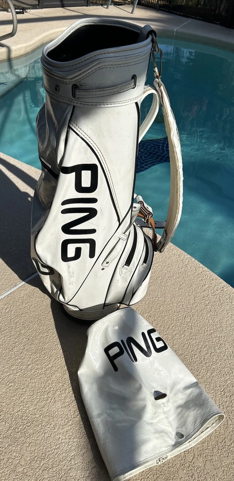 Bolsa de golfe Ping Tour vintage clássica preta logotipo couro branco falso retrô com capa - Imagem 4 de 4