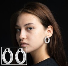 UK 925 Sterling Silver Filled Big Round Chunky Wide Hollow Hoop Earrings Silver