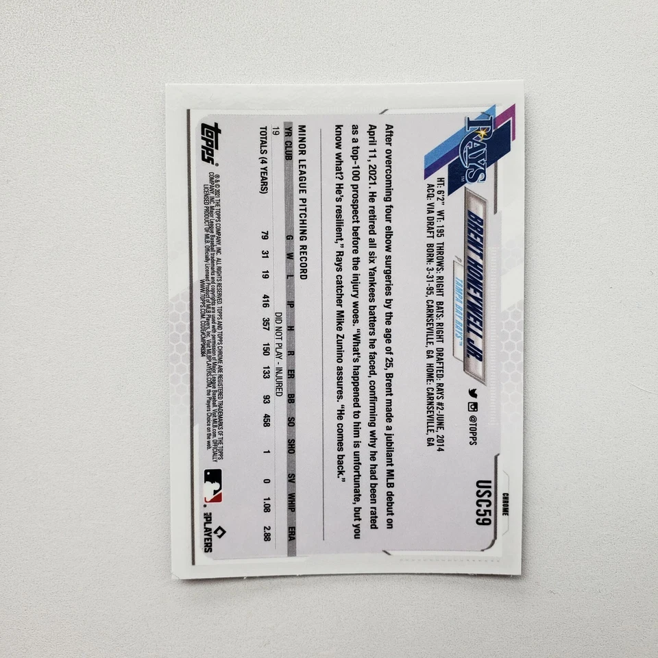 Brent Honeywell Jr. 2021 Topps Chrome Update Purple Refractor Rookie RC #USC59 - Image 2 of 2