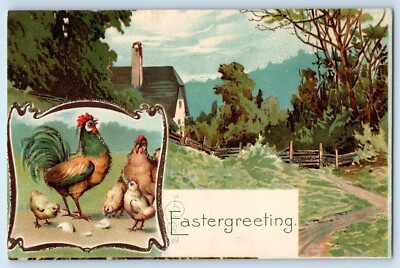 c1910's Easter Greeting Rooster Chicken Hen Hatched Egg Chicks Glitter Postcard