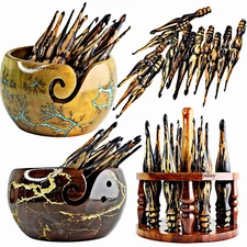 Wooden Ergonomic Crochet Hooks Yarn Knitting Set of 13 Yarn Bowl Crochet Stand
