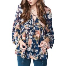 Show Me Your Mumu Teal Floral Tie Neck Bell Sleeve Ruffled Peplum Peasant Blouse