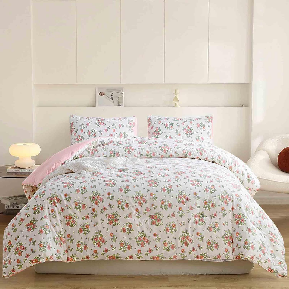 Floral King Size Duvet Cover, 3Pc Farmhouse Pink Flowers on Cream Quilt