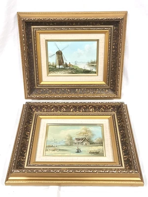 lot 2 tableaux peintures Huile sur toile signés W HOVEN . cadre doré , moulin .. - Photo 1/4