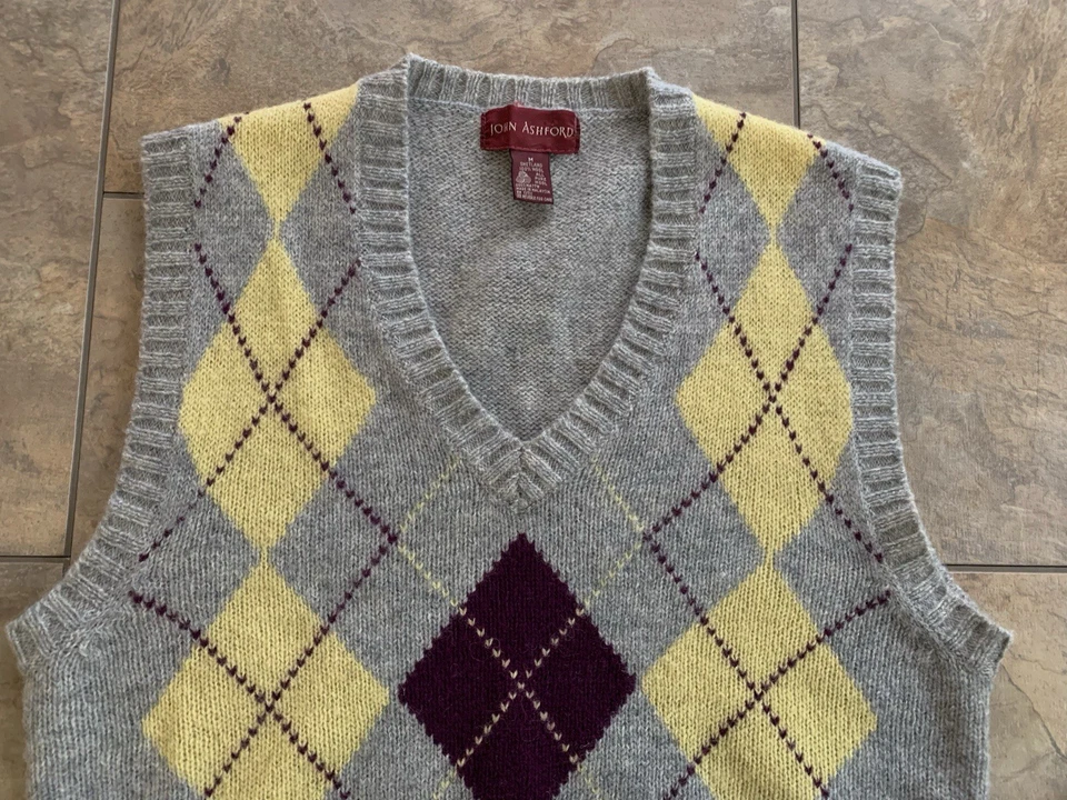 Chaleco Suéter Vintage John Ashford Para Hombres Mediano 100% Lana Shetland Gris Argyle Foto 2 de 4