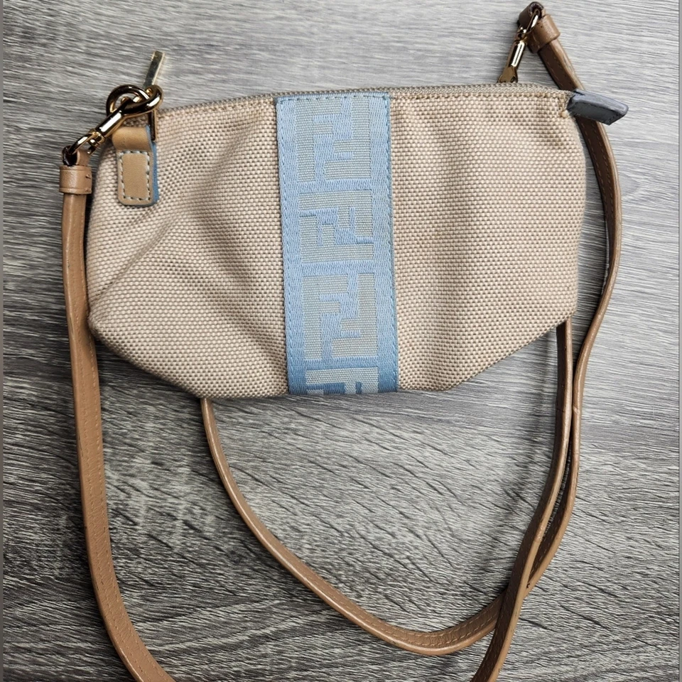 Authentic Vintage FENDI Canvas Pouch Clutch Crossbody Mini Blue Gold Leather - Image 3 of 4