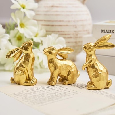 3 Gold Easter Bunny Decorations, Resin Rabbit Figurine Small Decorative Bunny...