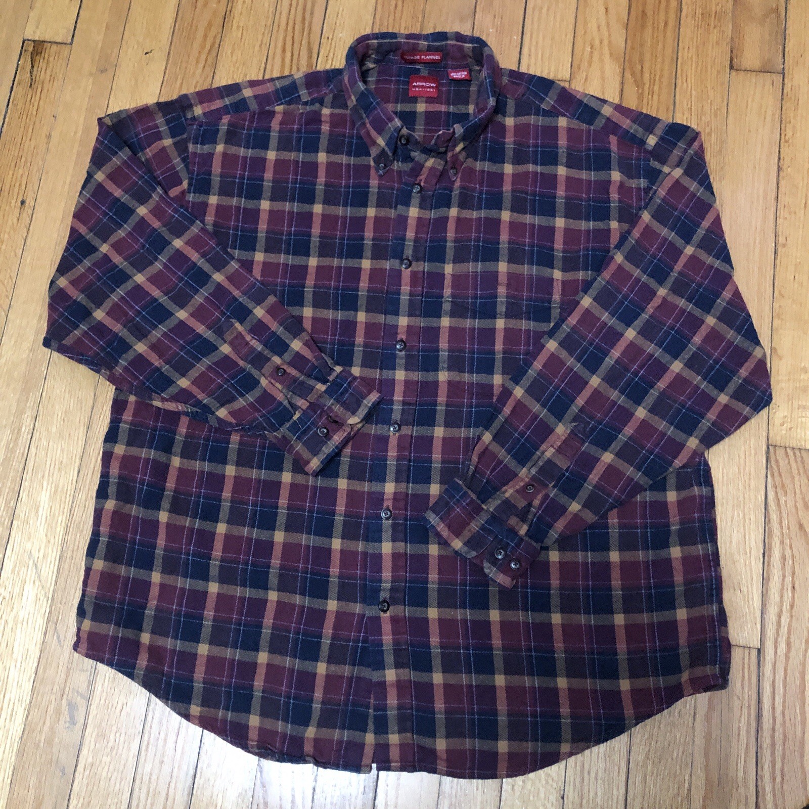 Mens ARROW Button Down Buttoned Pocket Plaid L/S Brushed Fla