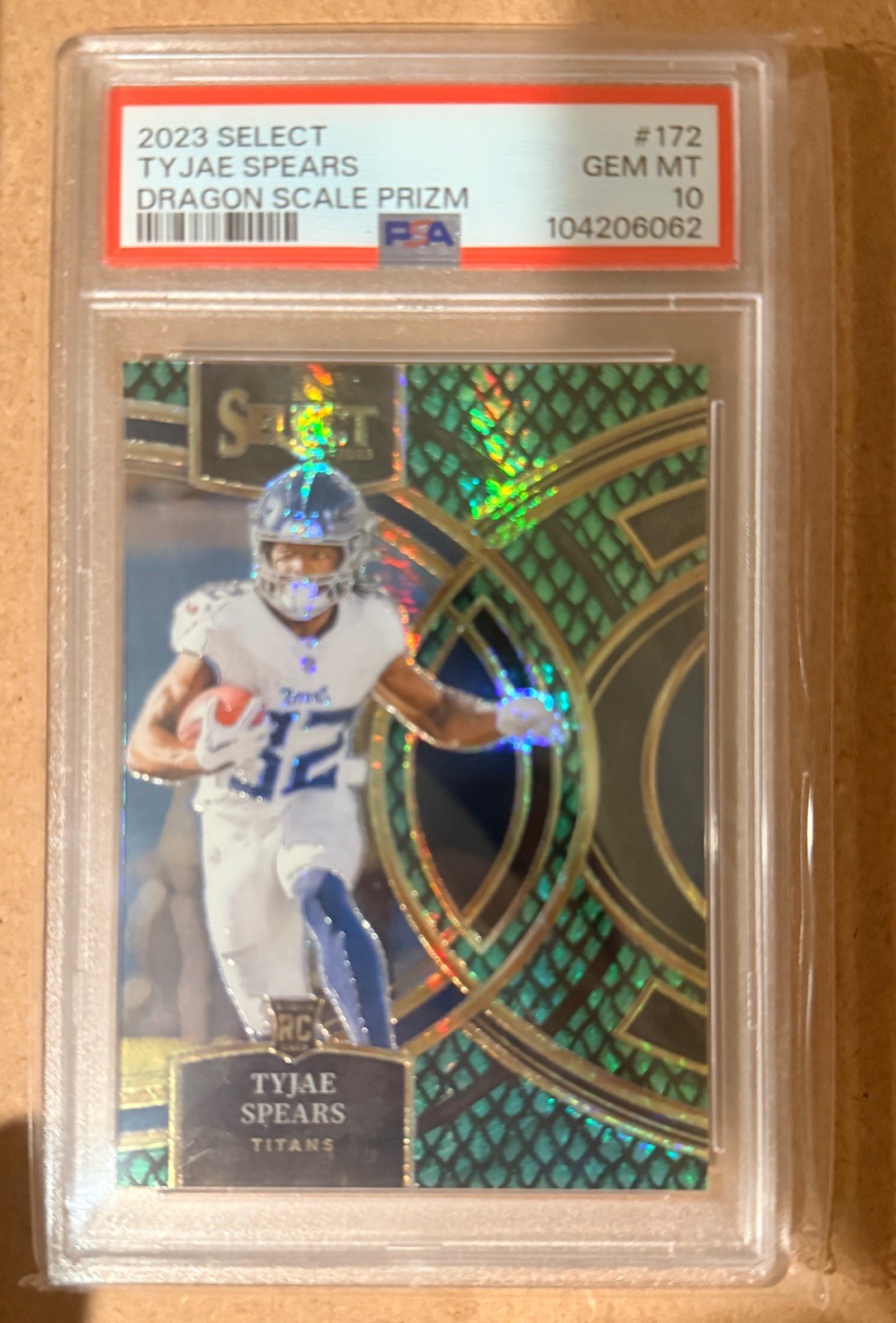 2023 Panini Select #172 Tyjae Spears Dragon Scale Gold Prizms #/70 PSA 10