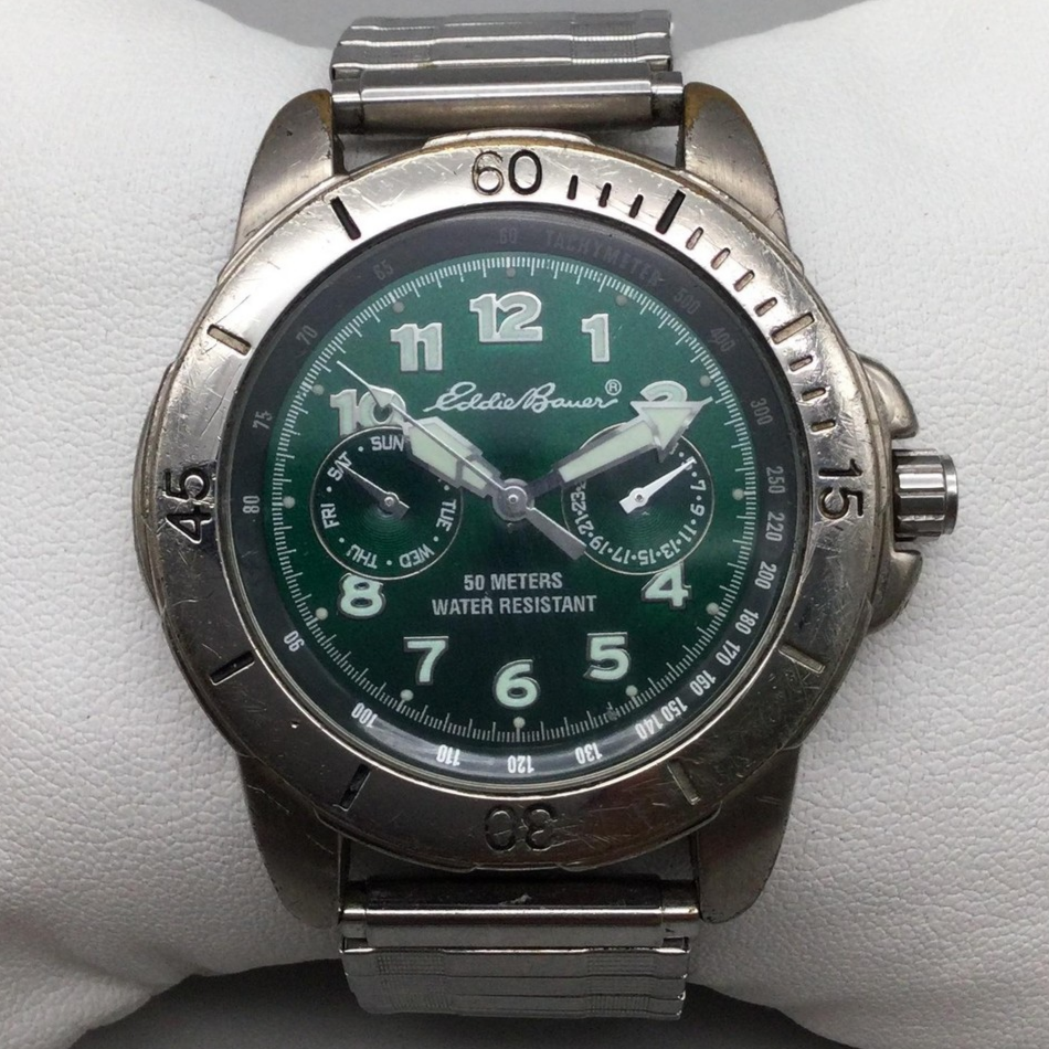 Eddie Bauer Watch Mens 42mm Green Dial Stainless Steel Stretch Band New  Battery