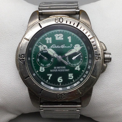 Eddie Bauer Watch Mens 42mm Green Dial Stainless Steel Stretch