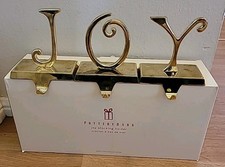 Pottery Barn JOY STOCKING HOLDERS BRASS Heavy Original Box 4.5" Tall 5" Wide 
