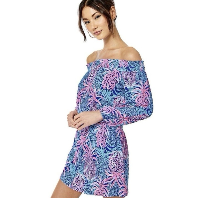 Lilly Pulitzer Cyla Off the Shoulder Romper in Tropic Down Low Size L