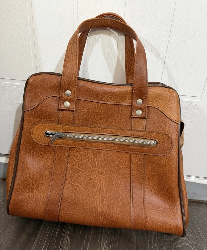 Vintage Brown Faux LeatherTop Handle Zip Handbag Front Zip Pocket Lined 35x27cm - Image 1 of 4