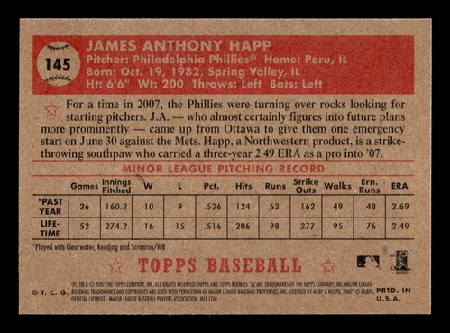 2007 Topps Rookie 1952 Edition #145 J.A. Happ - Foto 2 di 2