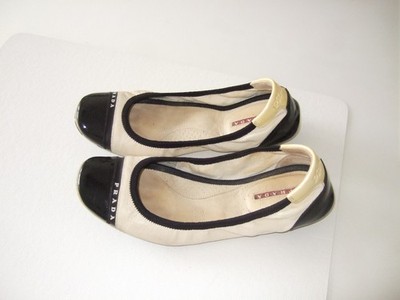 Prada Linea Rossa, Ballerinas, Größe:36 1/2, Leder, Weiß/Schwarz, Damen