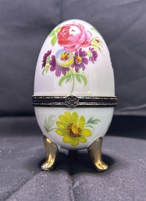 Vintage Hinged Egg Trinket White Porcelain Elegant Floral Design & Gold Accent