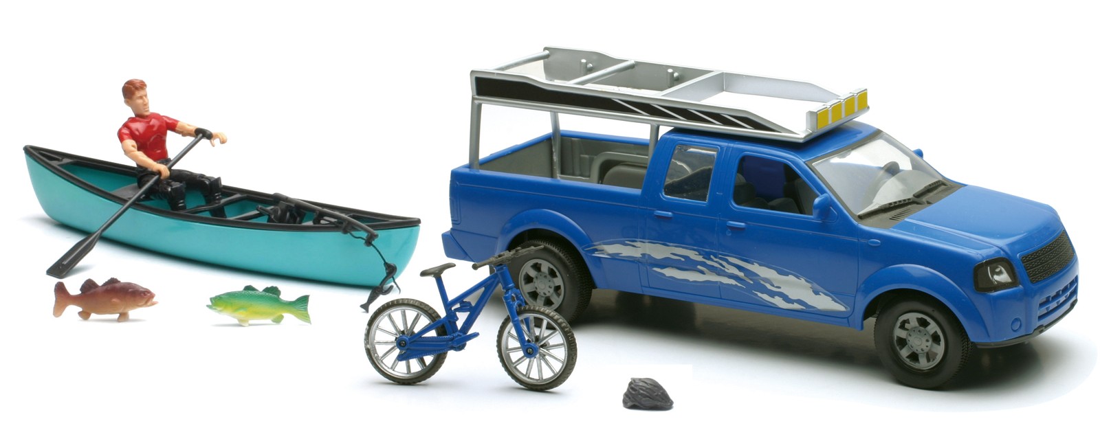Pick-up bleu avec bateau et figurine NEWRAY - Coffret de jeu d'aventure miniature