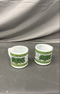 Federal Glass Arby's Mugs Set 2 Stained Glass Design Milk Glass Vintage 3 Inch