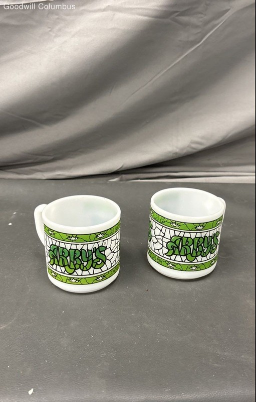 Federal Glass Arby's Mugs Set 2 Stained Glass Design Milk Glass Vintage 3 Inch