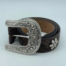 JUSTIN Leather Belt Womens 34 Brown Tooled Western Floral Rhinestone Buckle NEW