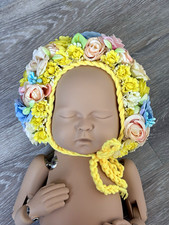 Handmade yellow Knit Floral Bonnet Hat w/ Tie Strings for Baby Girl