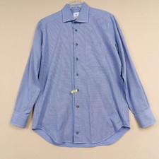 David Donahue Dress Shirt Men's Large Blue Check Spread Collar Cotton